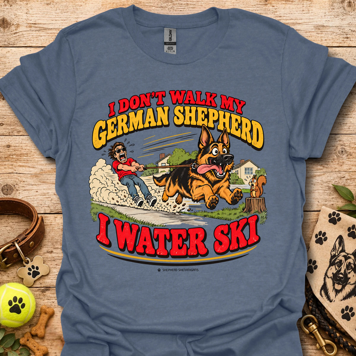 Heather indigo T-shirt with German Shepherd water ski graphic, crew neck short sleeves