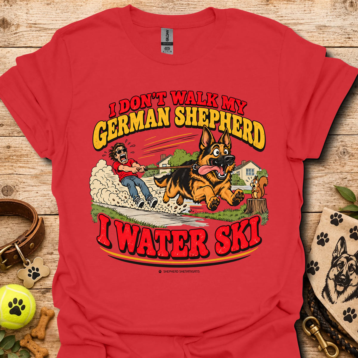 Red T-shirt with German Shepherd water ski graphic, crew neck short sleeves