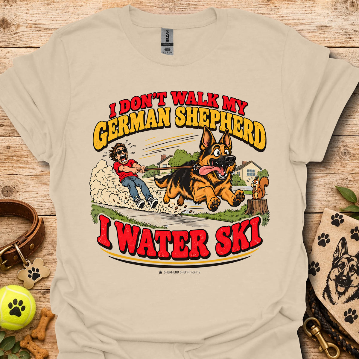 Sand T-shirt with German Shepherd water ski graphic, crew neck short sleeves
