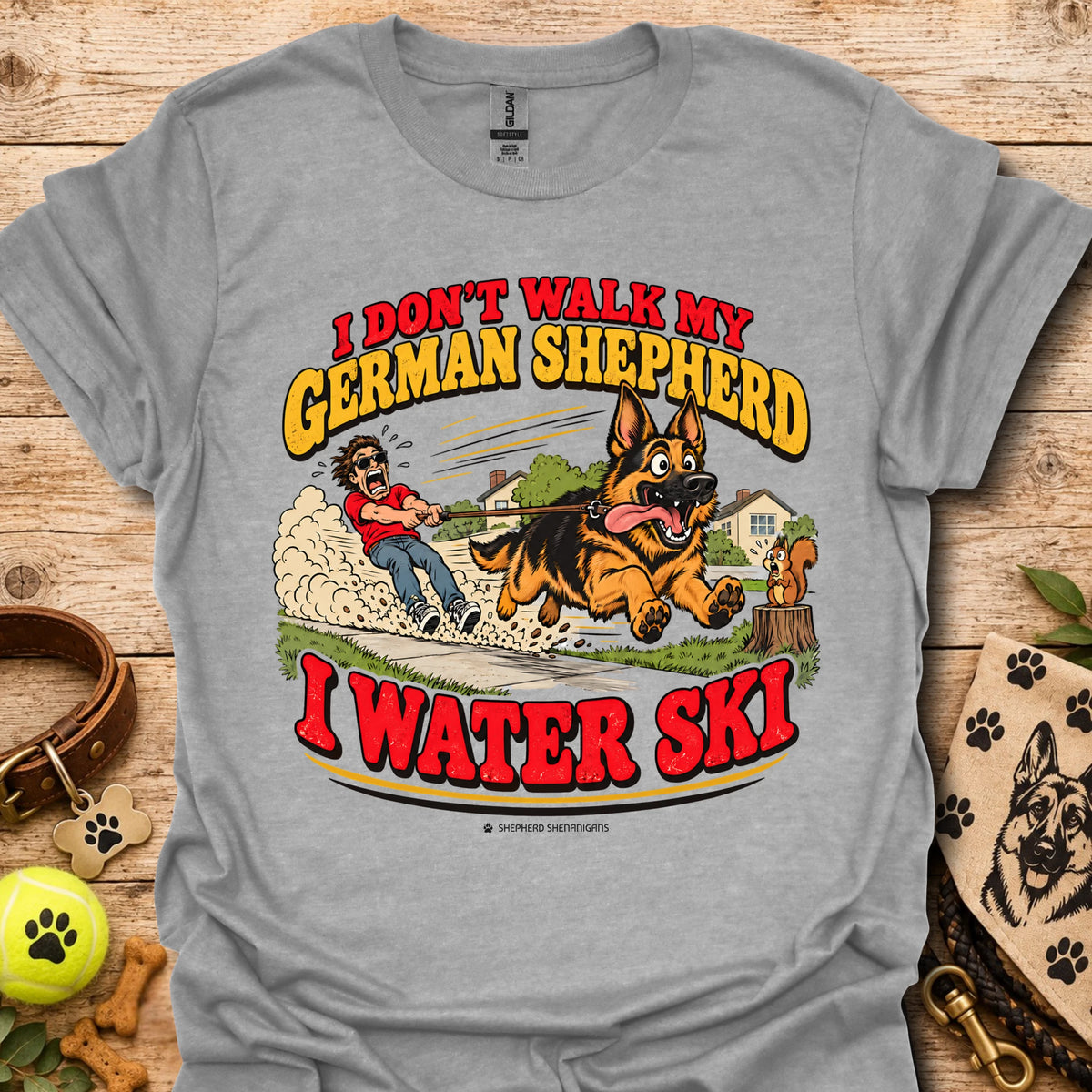 Heather gray T-shirt with German Shepherd water ski graphic, crew neck short sleeves