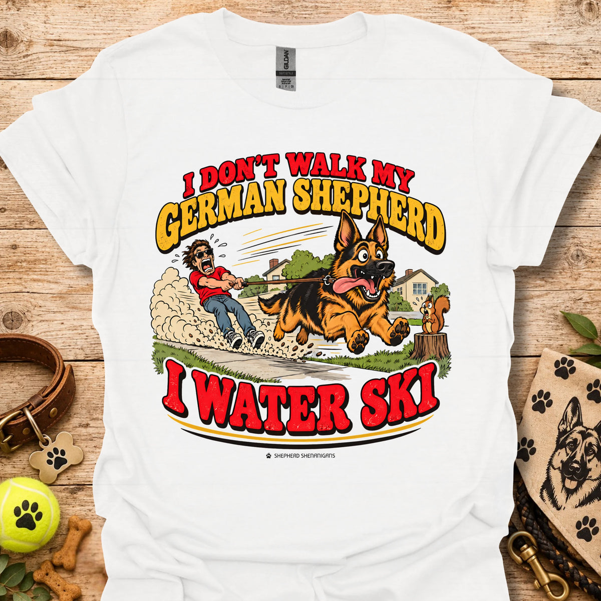 White T-shirt with German Shepherd water ski graphic, crew neck short sleeves