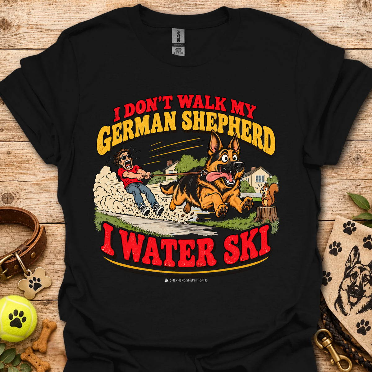 Black T-shirt with German Shepherd water ski graphic, crew neck short sleeves