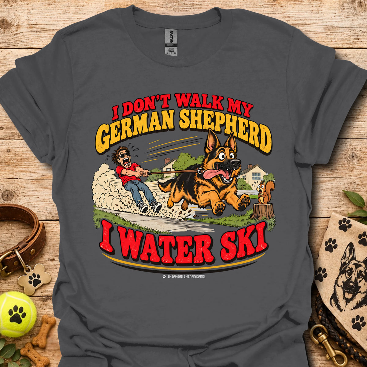 Charcoal T-shirt with German Shepherd water ski graphic, crew neck short sleeves