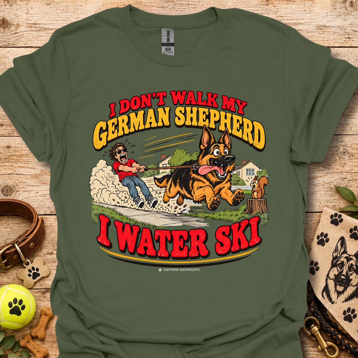 Military green T-shirt with German Shepherd water ski graphic, crew neck short sleeves