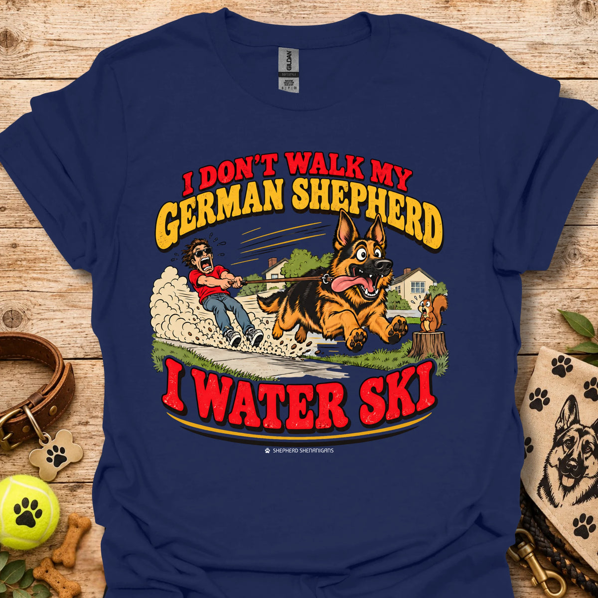 Navy T-shirt with German Shepherd water ski graphic, crew neck short sleeves