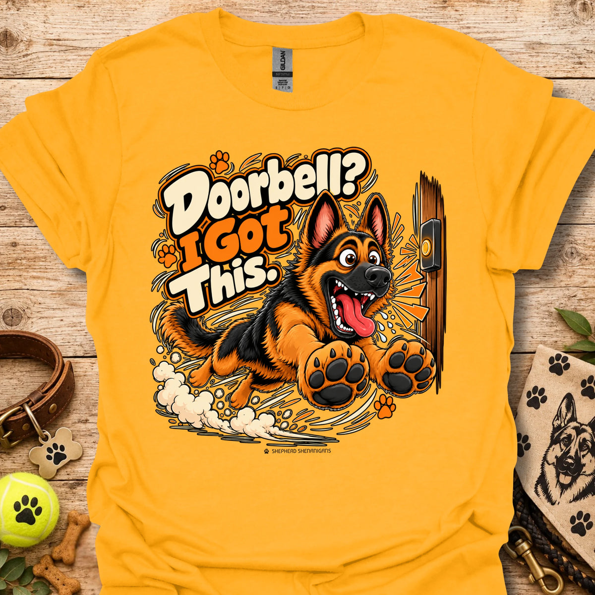 Men's gold/yellow T-shirt with large orange dog graphic and cartoon lettering
