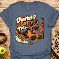 Men's blue T-shirt with large orange dog graphic and bold speech text