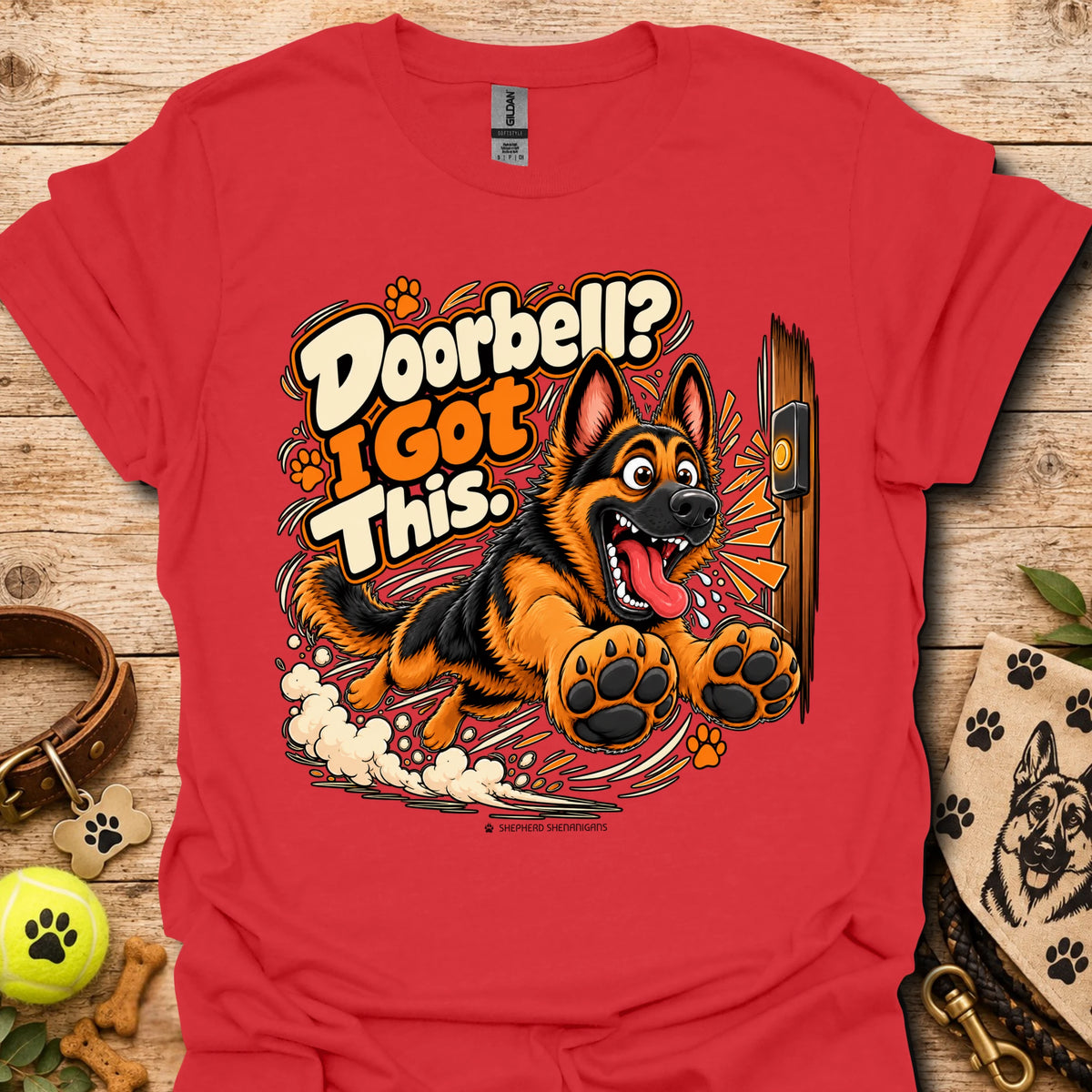 Men's red T-shirt with large orange German shepherd graphic and action text