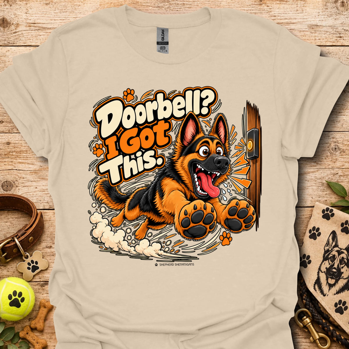 Men's light beige T-shirt with large orange dog graphic and comic slogan