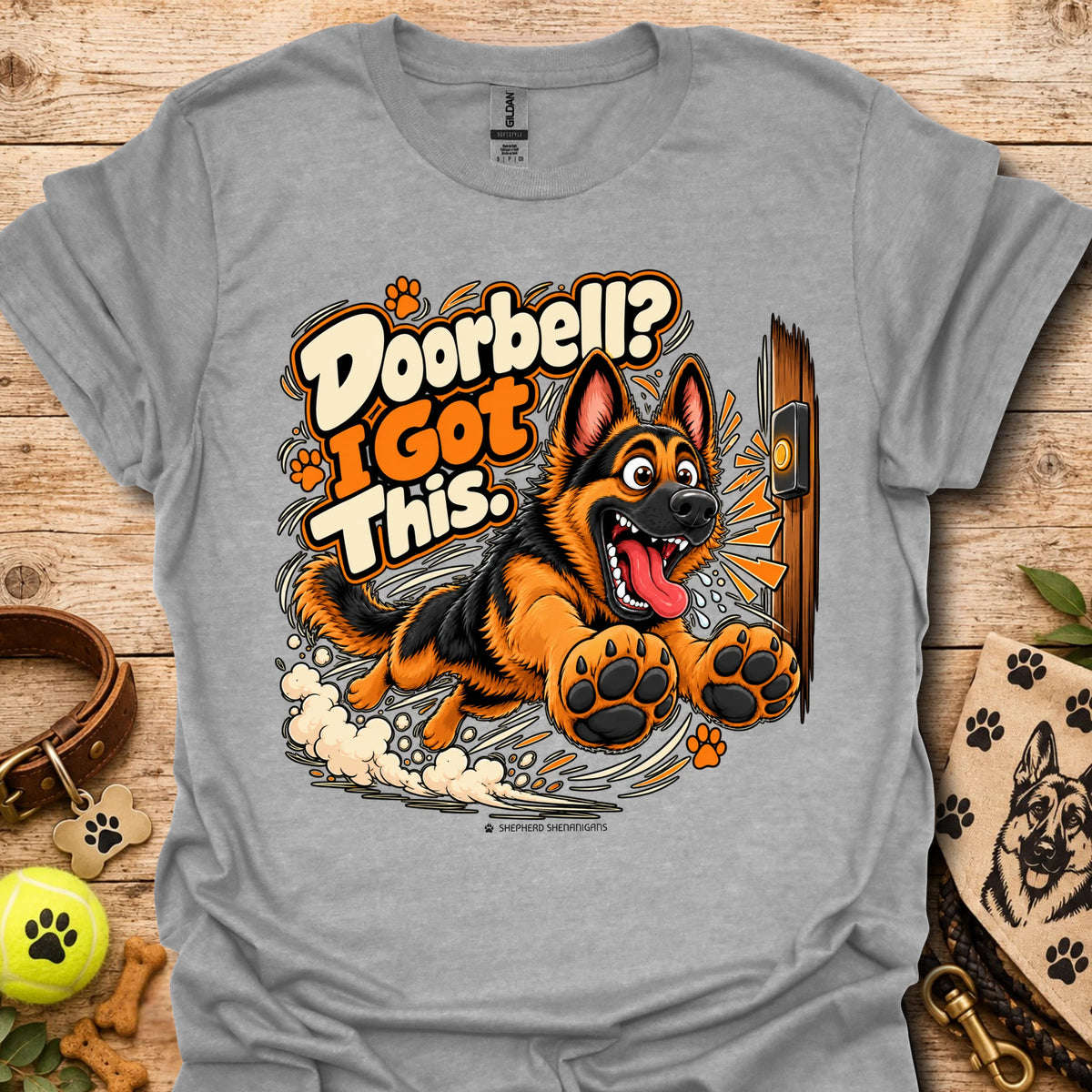 Men's heather gray T-shirt with large orange dog graphic and cartoon text