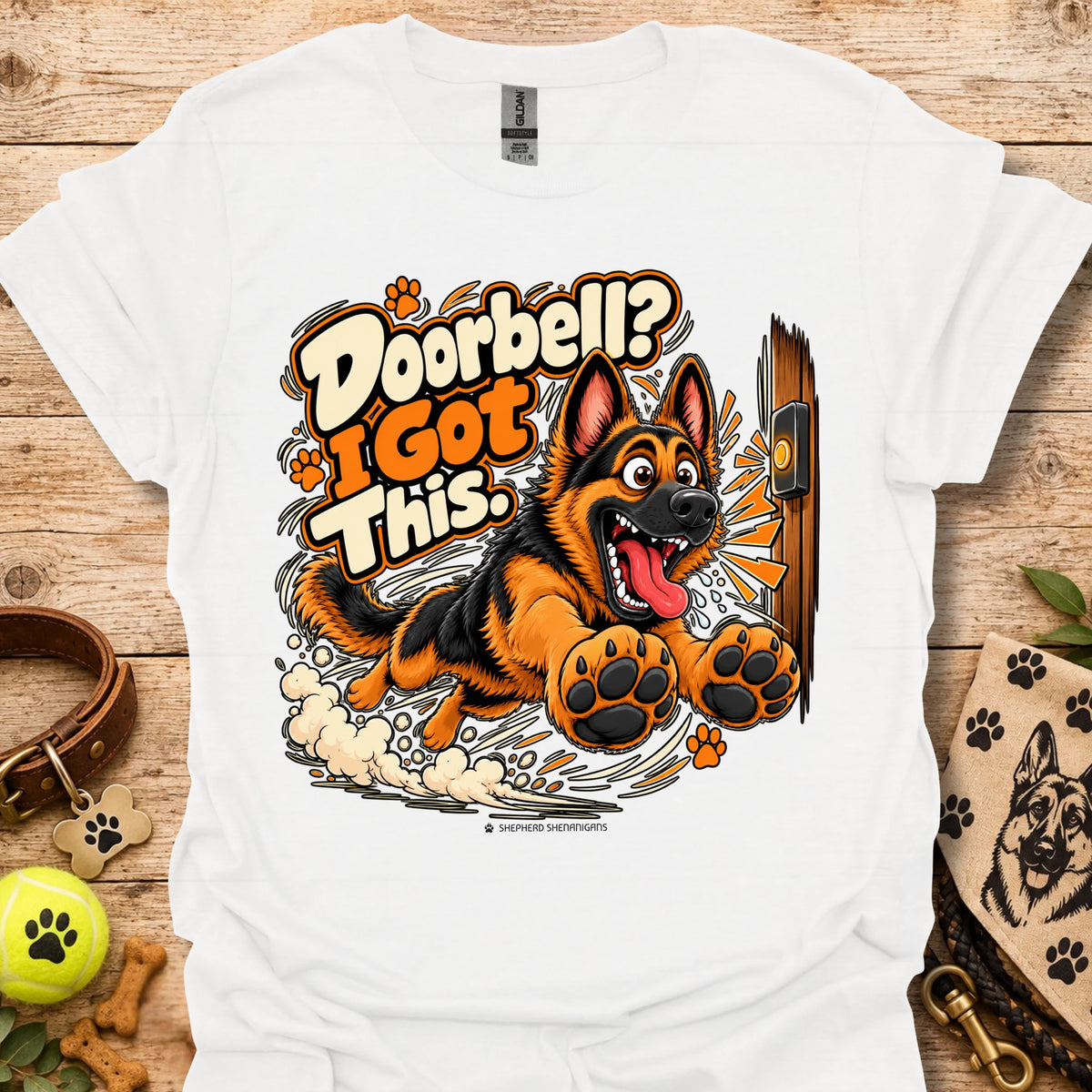 Men's white T-shirt with large orange dog graphic and stylized slogan print