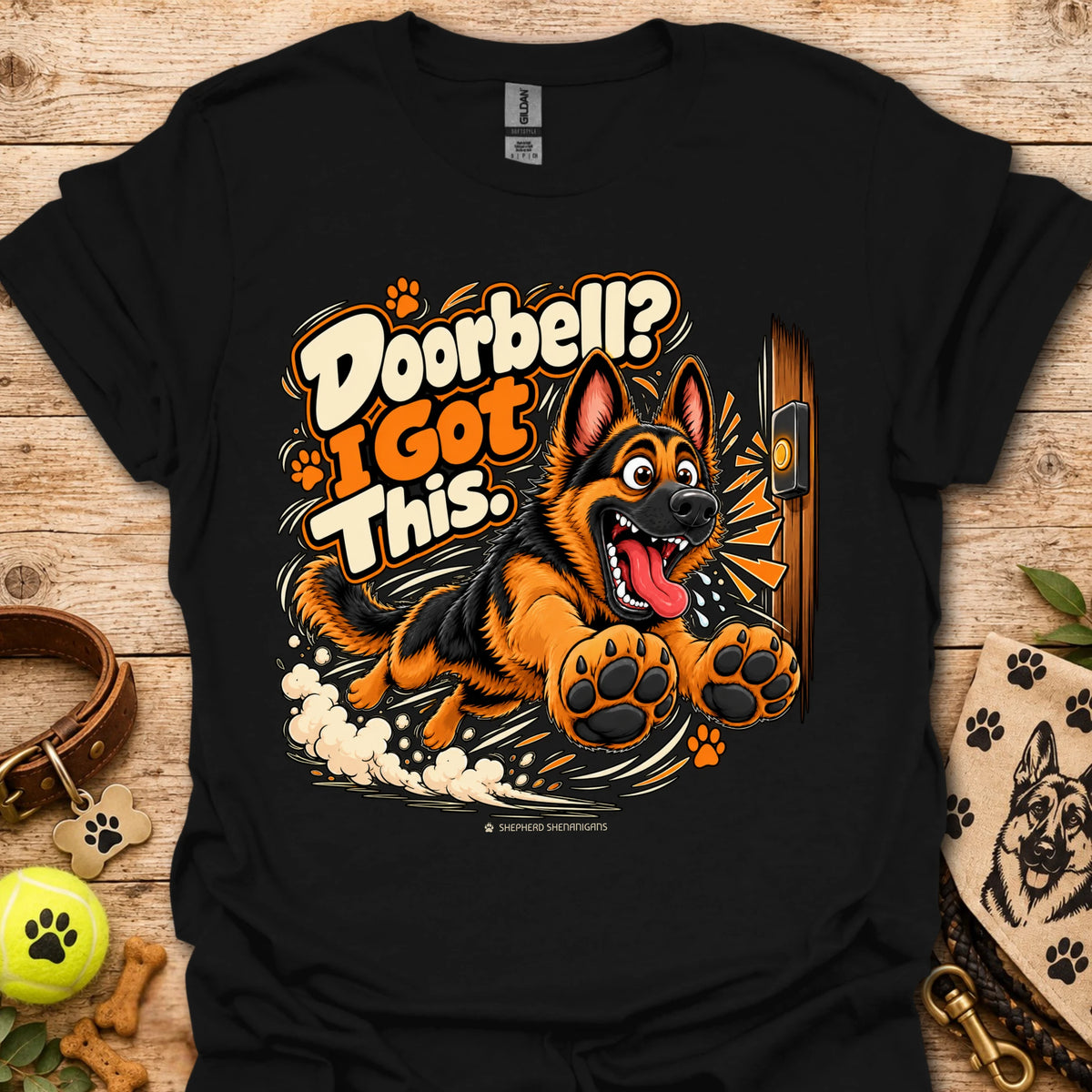 Men's black T-shirt with large orange dog graphic and comic-style slogan