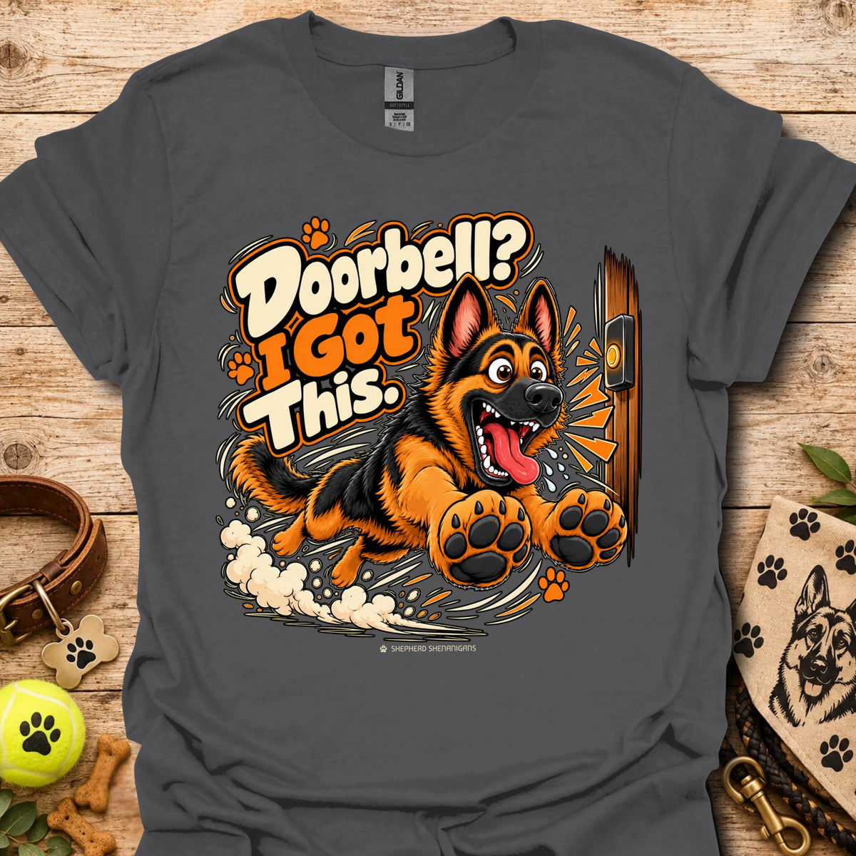 Men's dark gray T-shirt with large orange dog graphic and text print