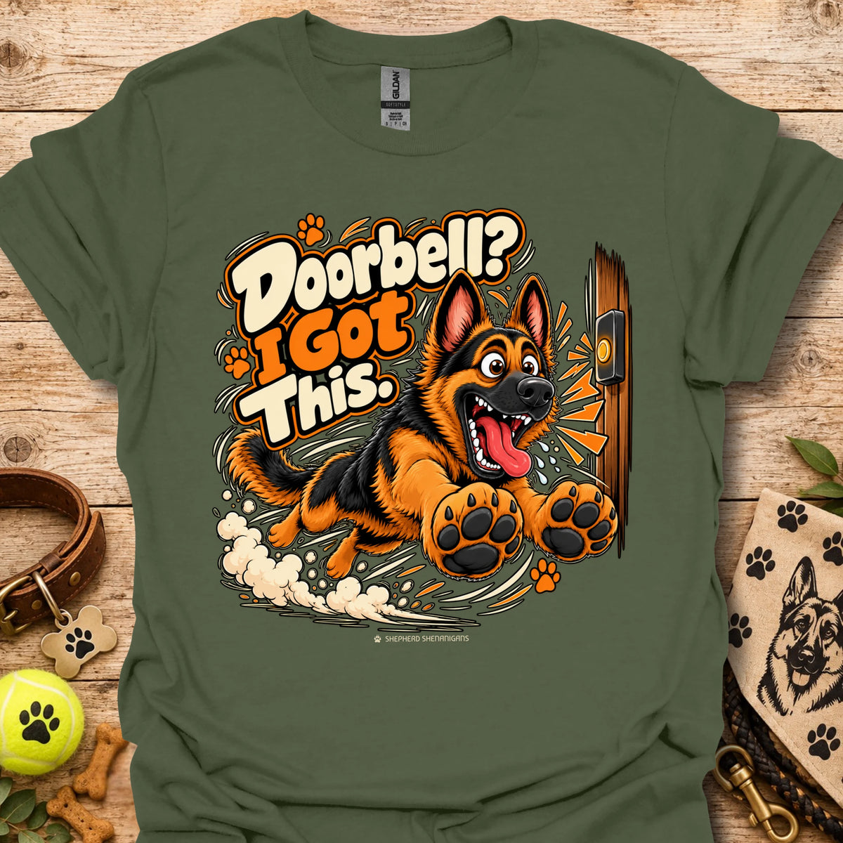 Men's olive green T-shirt with large orange dog graphic and speech bubble text