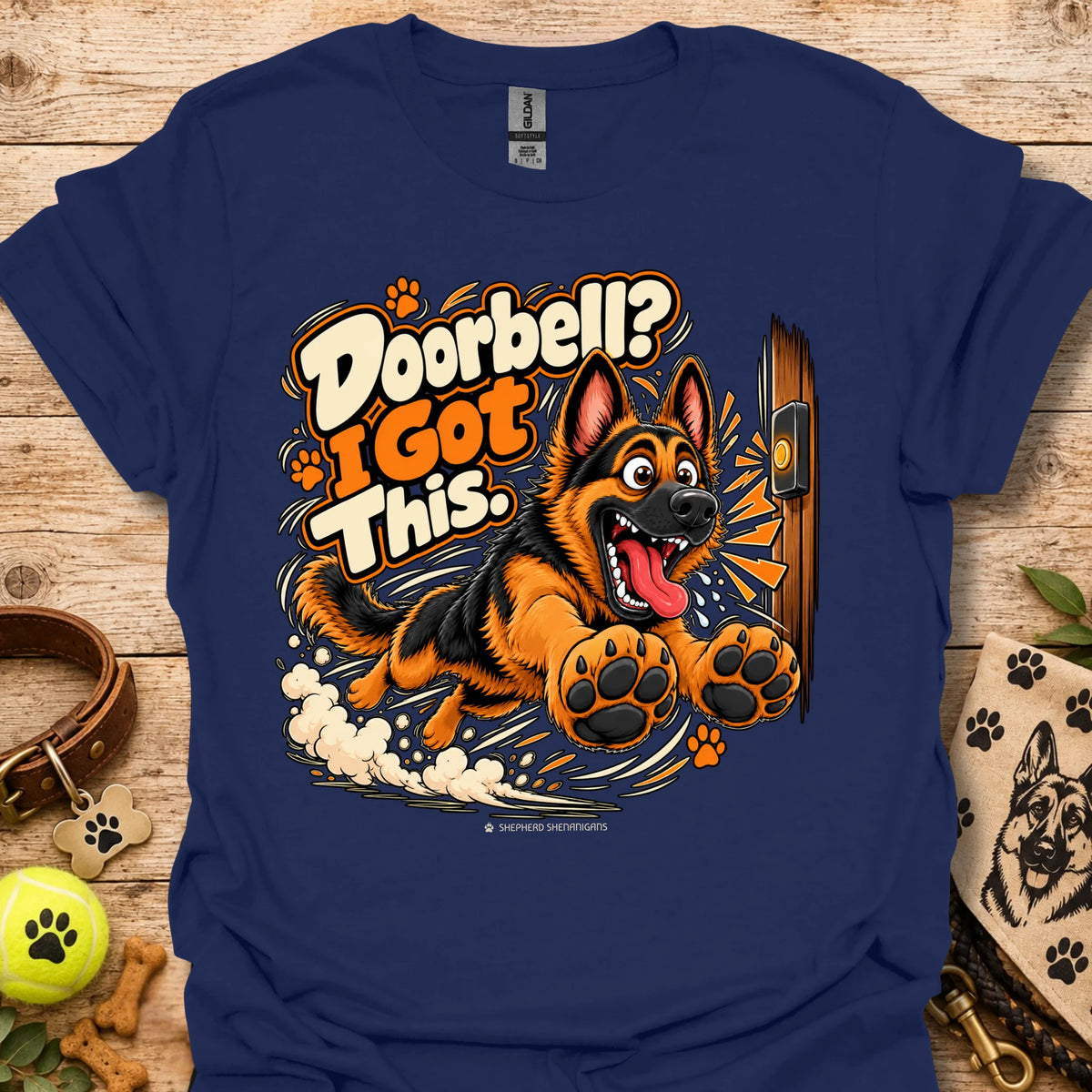 Men's navy T-shirt with large orange dog graphic and bold speech text