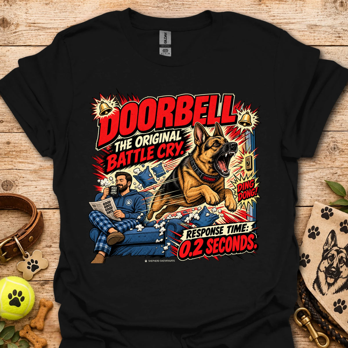 Doorbell Response Time T-Shirt, black, dog graphic on front