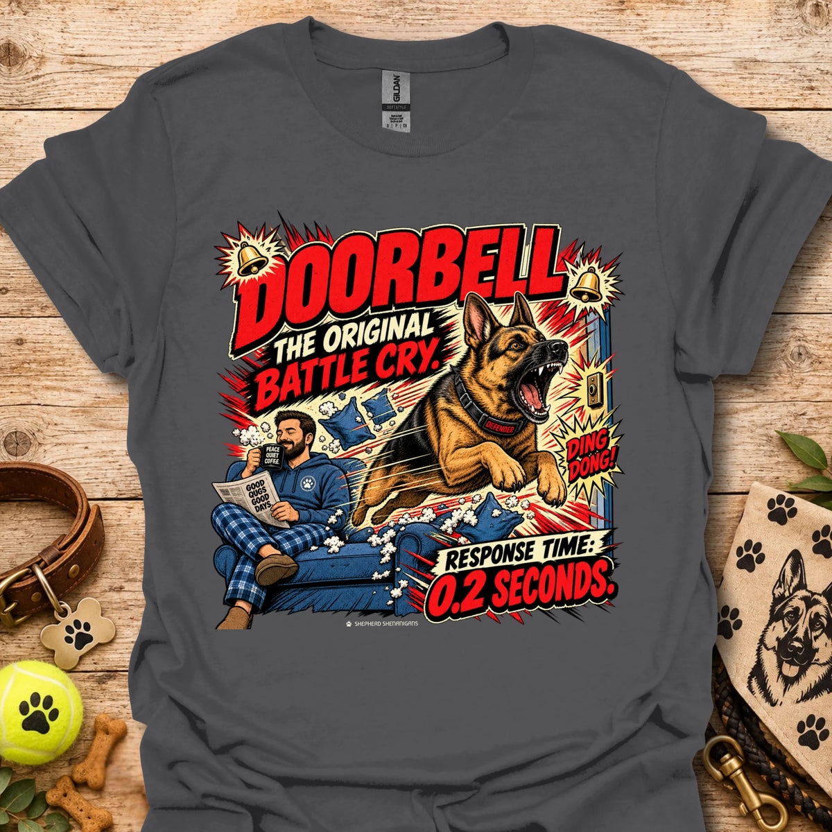 Doorbell Response Time T-Shirt, charcoal gray, dog graphic on front