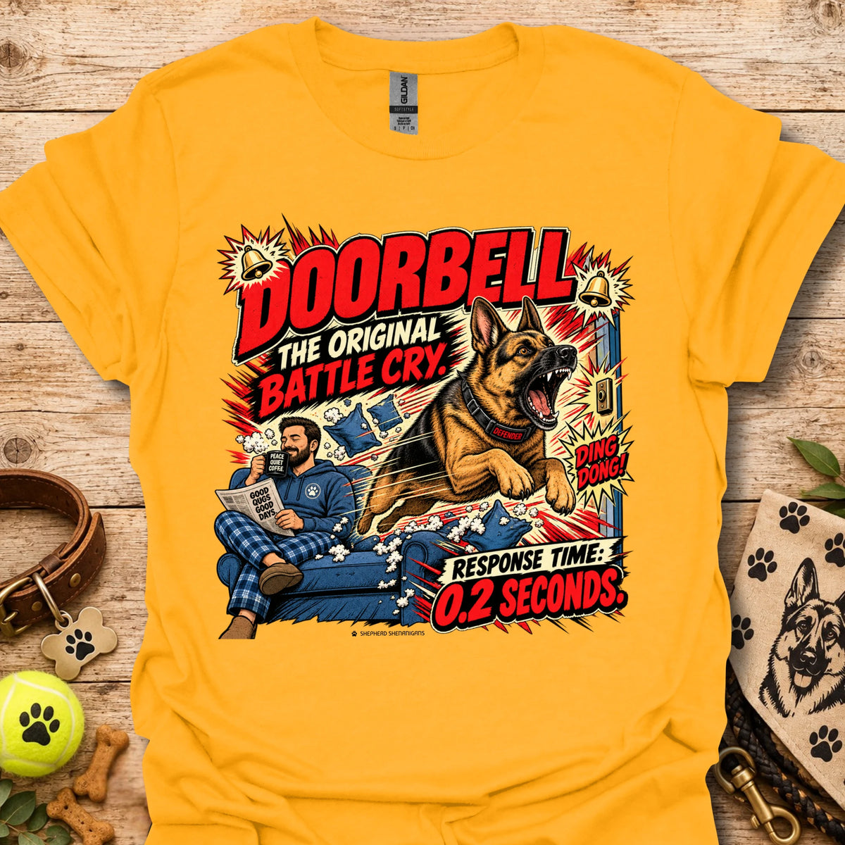 Doorbell Response Time T-Shirt, gold, dog graphic on front