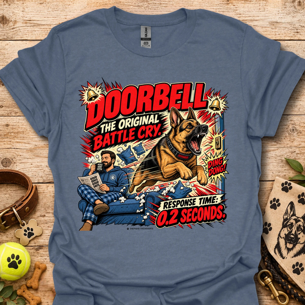 Doorbell Response Time T-Shirt, heather blue-gray, dog graphic on front