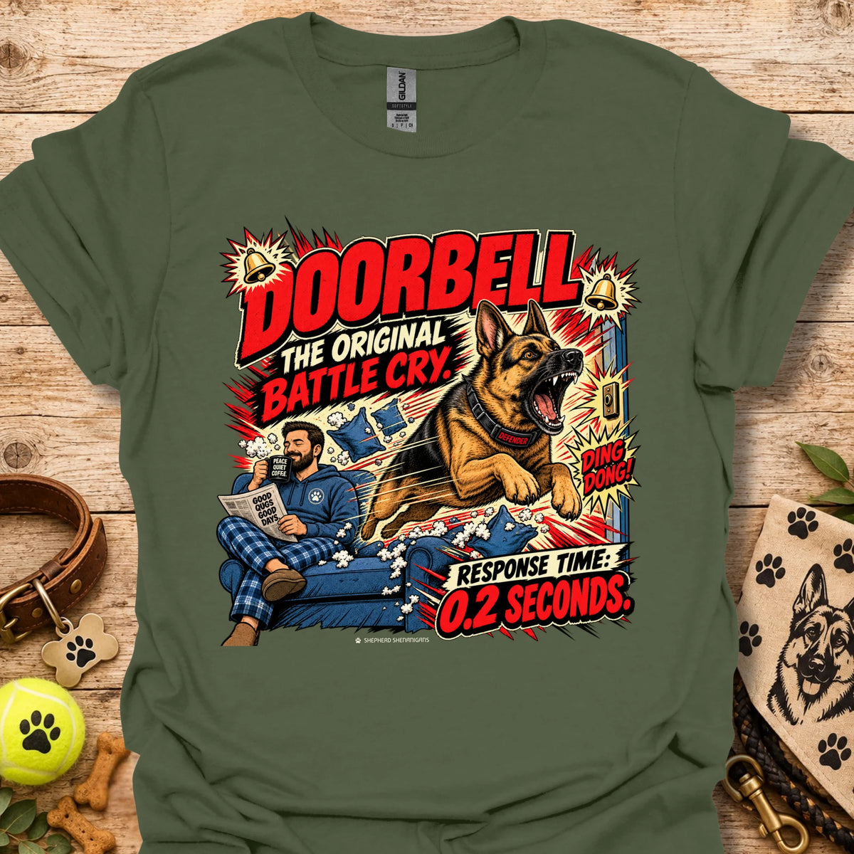 Doorbell Response Time T-Shirt, military green, dog graphic on front