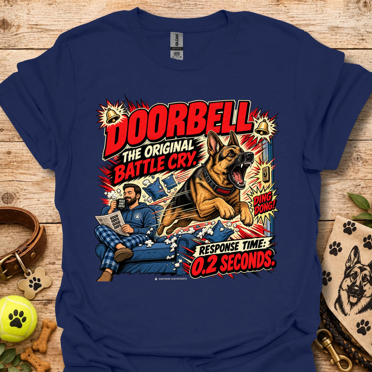 Doorbell Response Time T-Shirt, navy blue, dog graphic on front