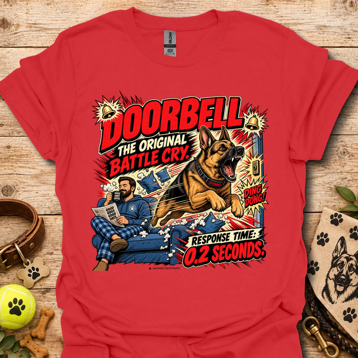 Doorbell Response Time T-Shirt, red, dog graphic on front
