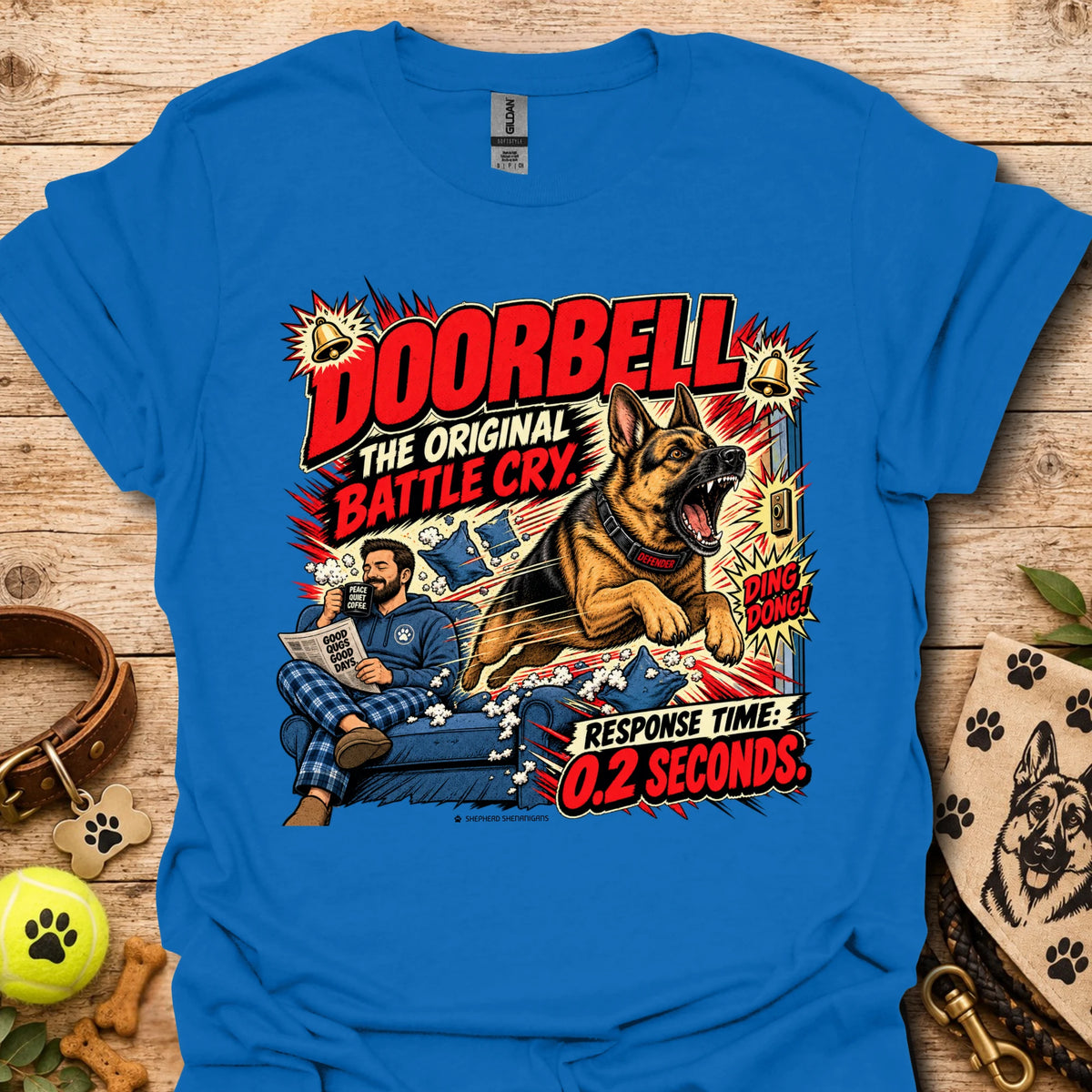 Doorbell Response Time T-Shirt, royal blue, dog graphic on front