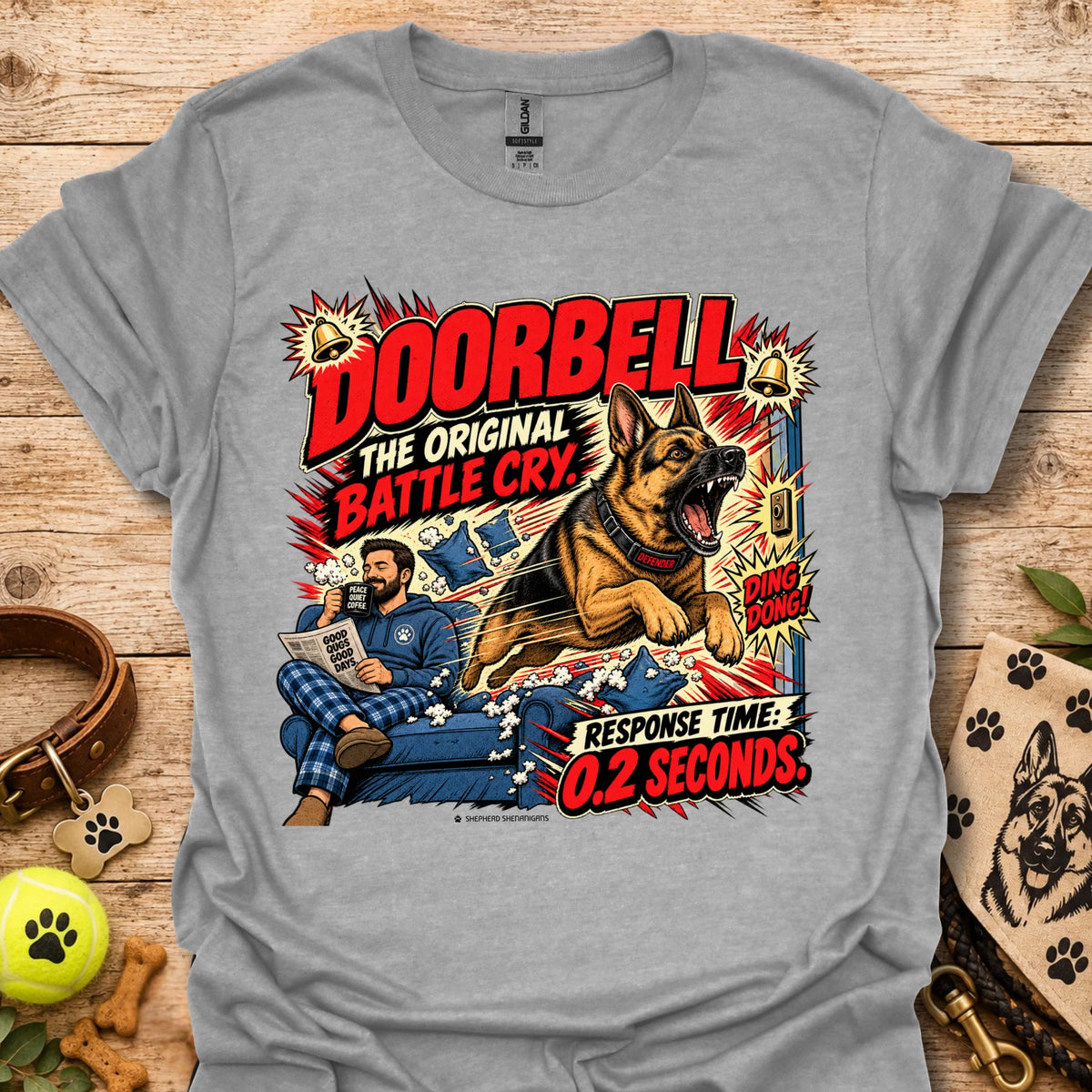 Doorbell Response Time T-Shirt, sport gray, dog graphic on front