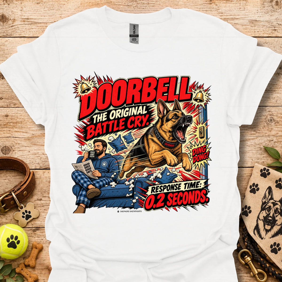 Doorbell Response Time T-Shirt, white, dog graphic on front