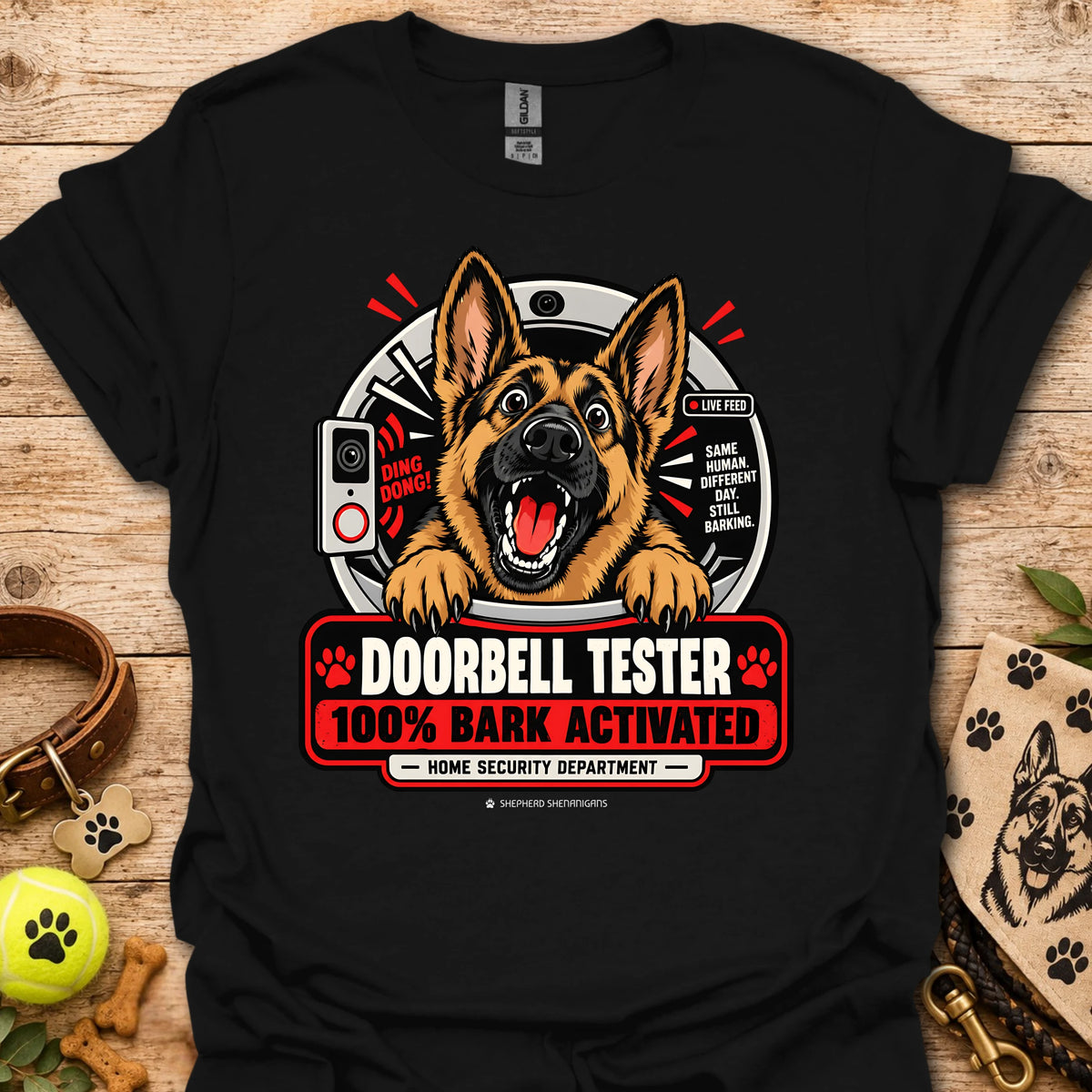 Black T-shirt with German shepherd doorbell graphic, 100% BARK ACTIVATED