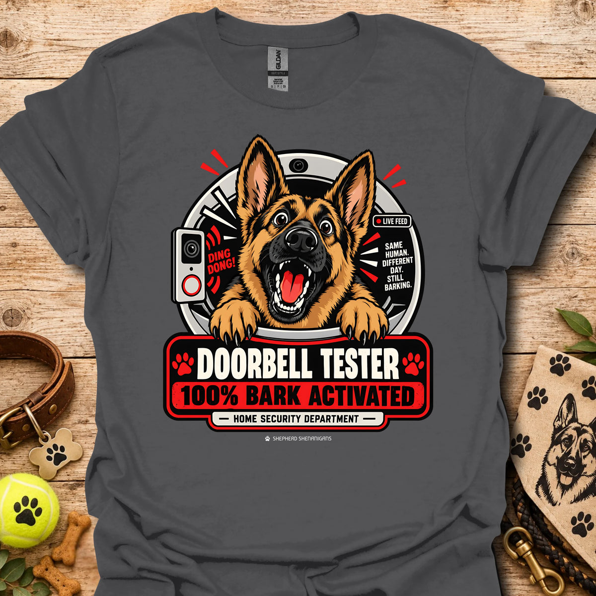 Charcoal T-shirt with German shepherd doorbell graphic, 100% BARK ACTIVATED