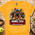 Gold T-shirt with German shepherd doorbell graphic, 100% BARK ACTIVATED
