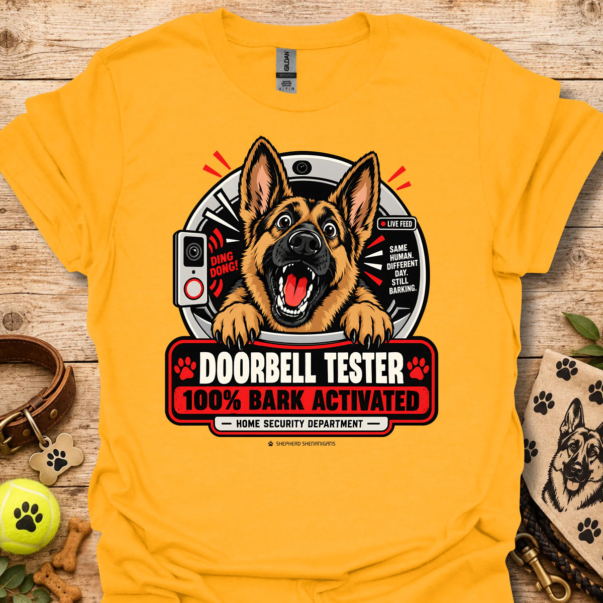 Gold T-shirt with German shepherd doorbell graphic, 100% BARK ACTIVATED