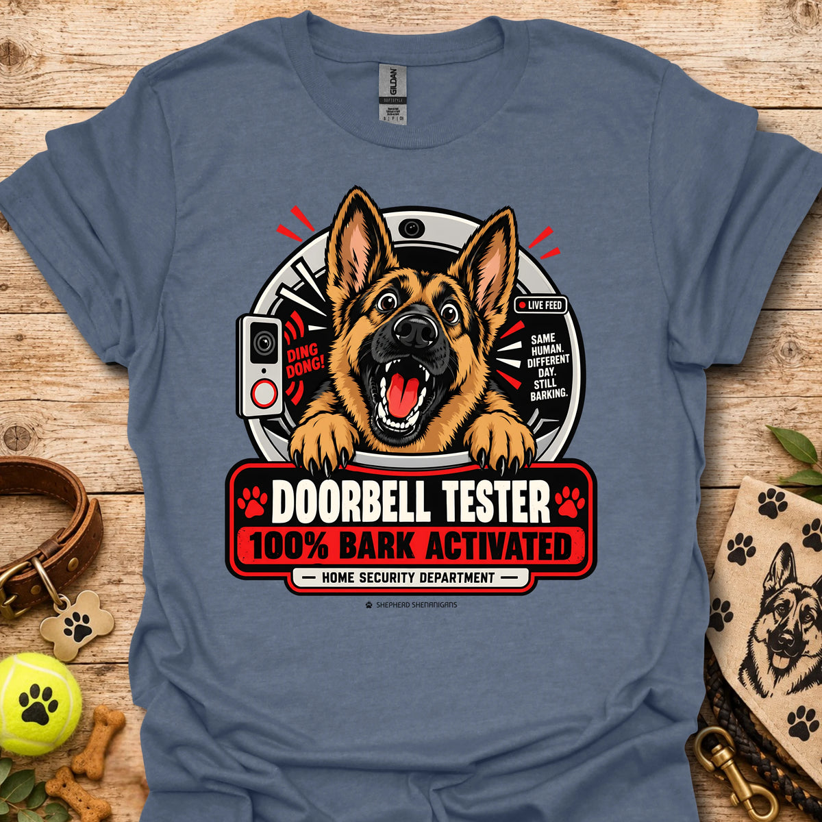 Heather indigo T-shirt with German shepherd doorbell graphic, 100% BARK ACTIVATED
