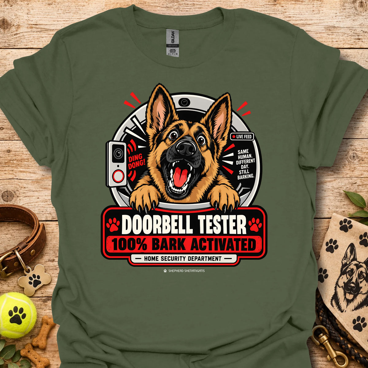 Military green T-shirt with German shepherd doorbell graphic, 100% BARK ACTIVATED