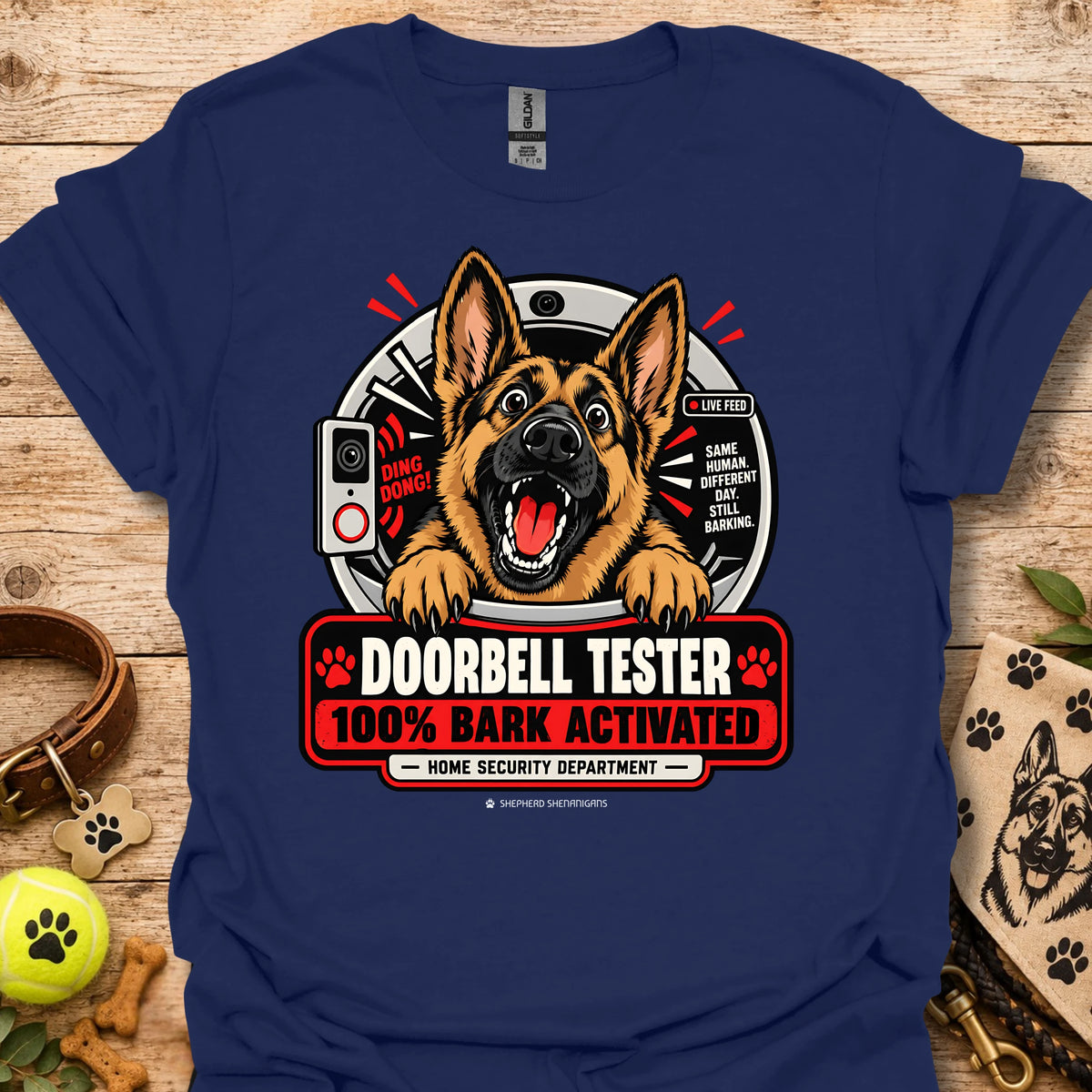 Navy T-shirt with German shepherd doorbell graphic, 100% BARK ACTIVATED