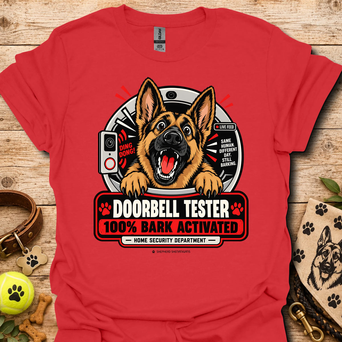 Red T-shirt with German shepherd doorbell graphic, 100% BARK ACTIVATED