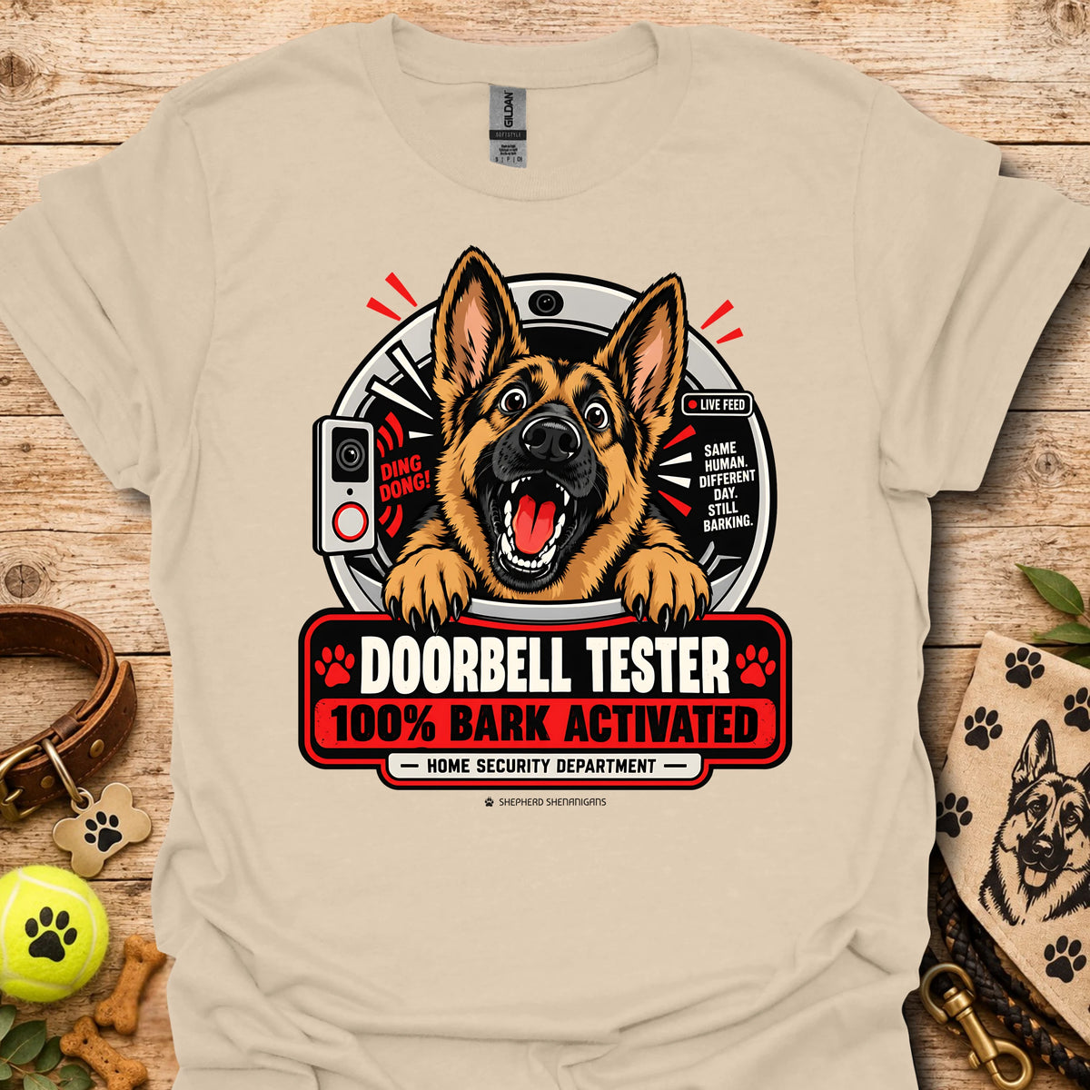 Sand T-shirt with German shepherd doorbell graphic, 100% BARK ACTIVATED