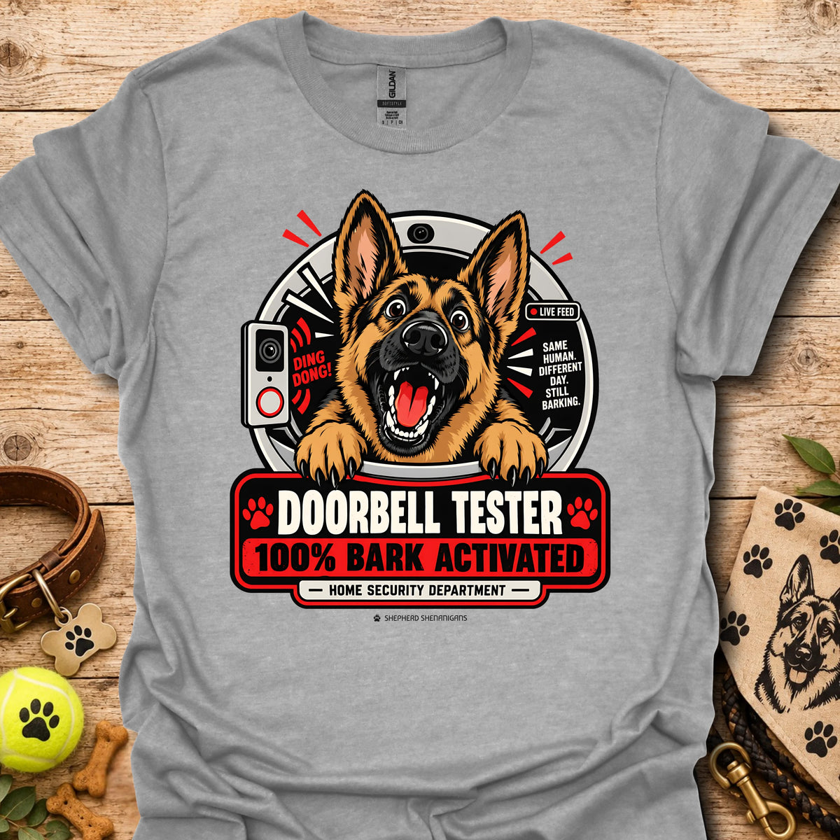 Sport grey T-shirt with German shepherd doorbell graphic, 100% BARK ACTIVATED