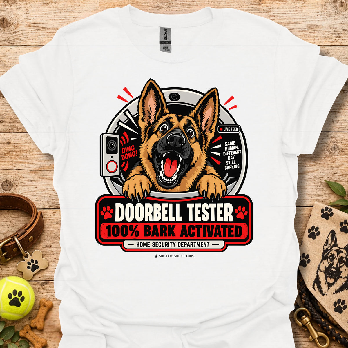 White T-shirt with German shepherd doorbell graphic, 100% BARK ACTIVATED