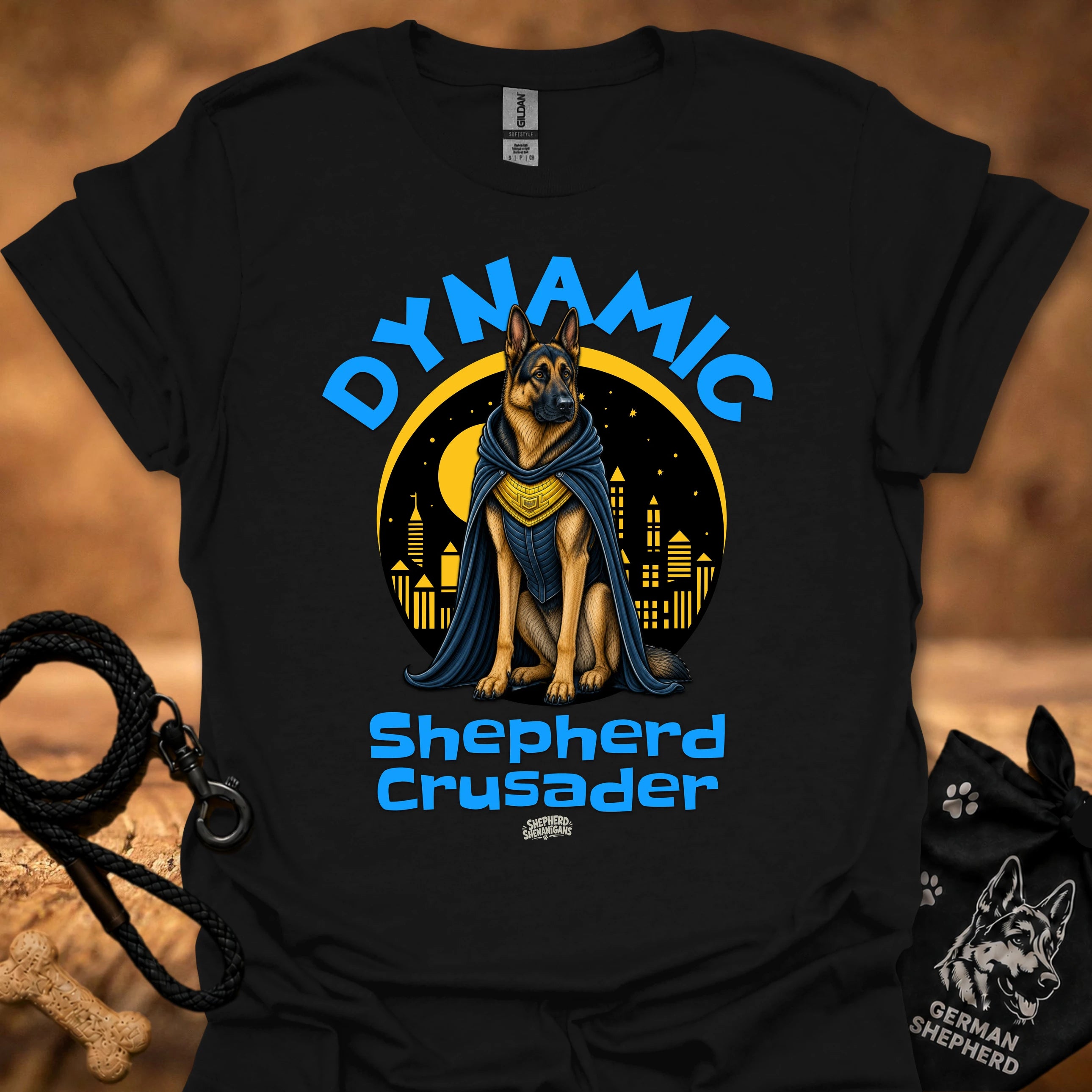 Black T-shirt with shepherd dog knight circular emblem and 'Shepherd Crusader' print