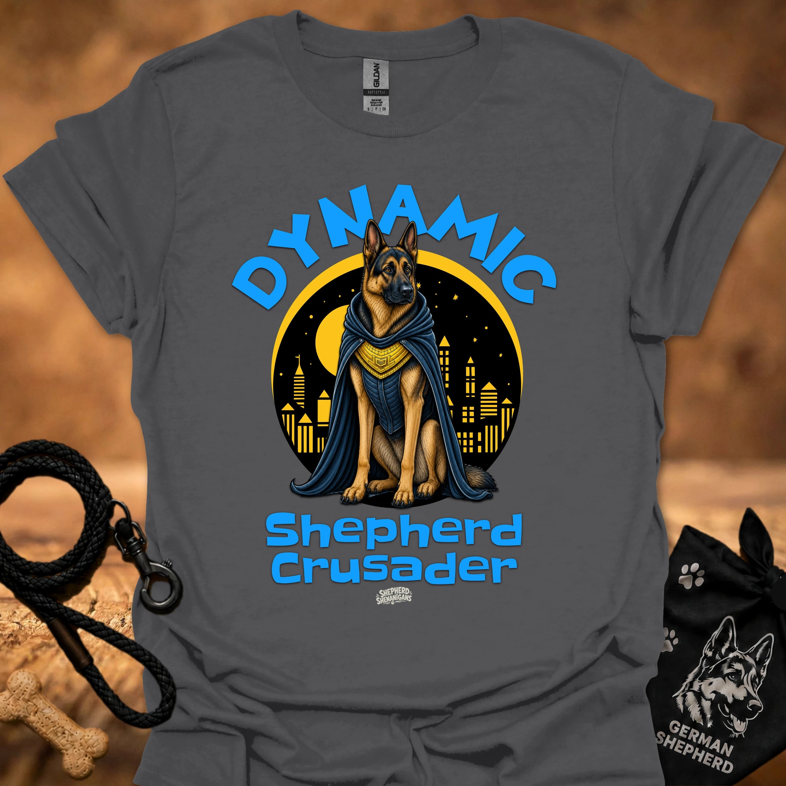 Charcoal gray T-shirt with shepherd dog knight emblem and 'Shepherd Crusader' text