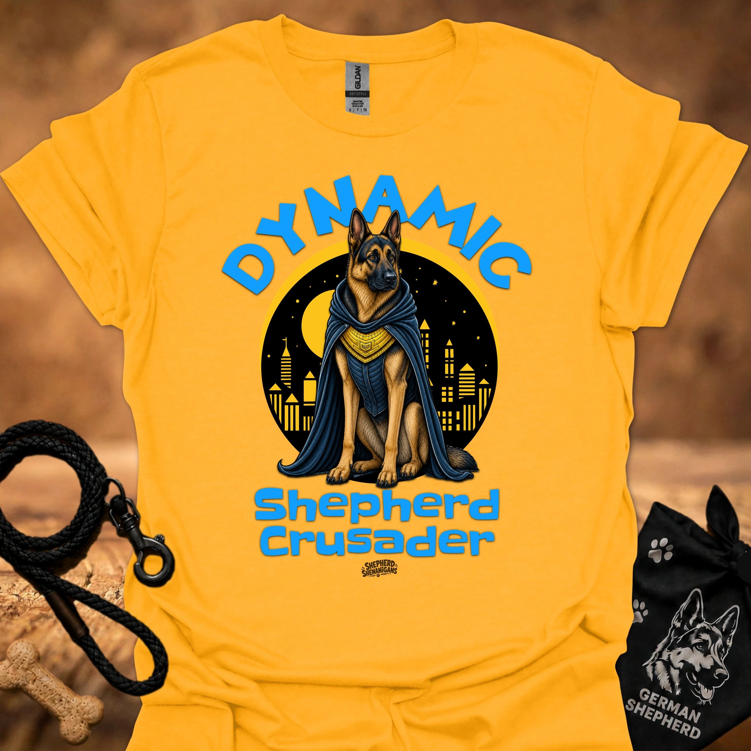 Mustard yellow T-shirt with shepherd dog knight circular emblem and 'Shepherd Crusader' print