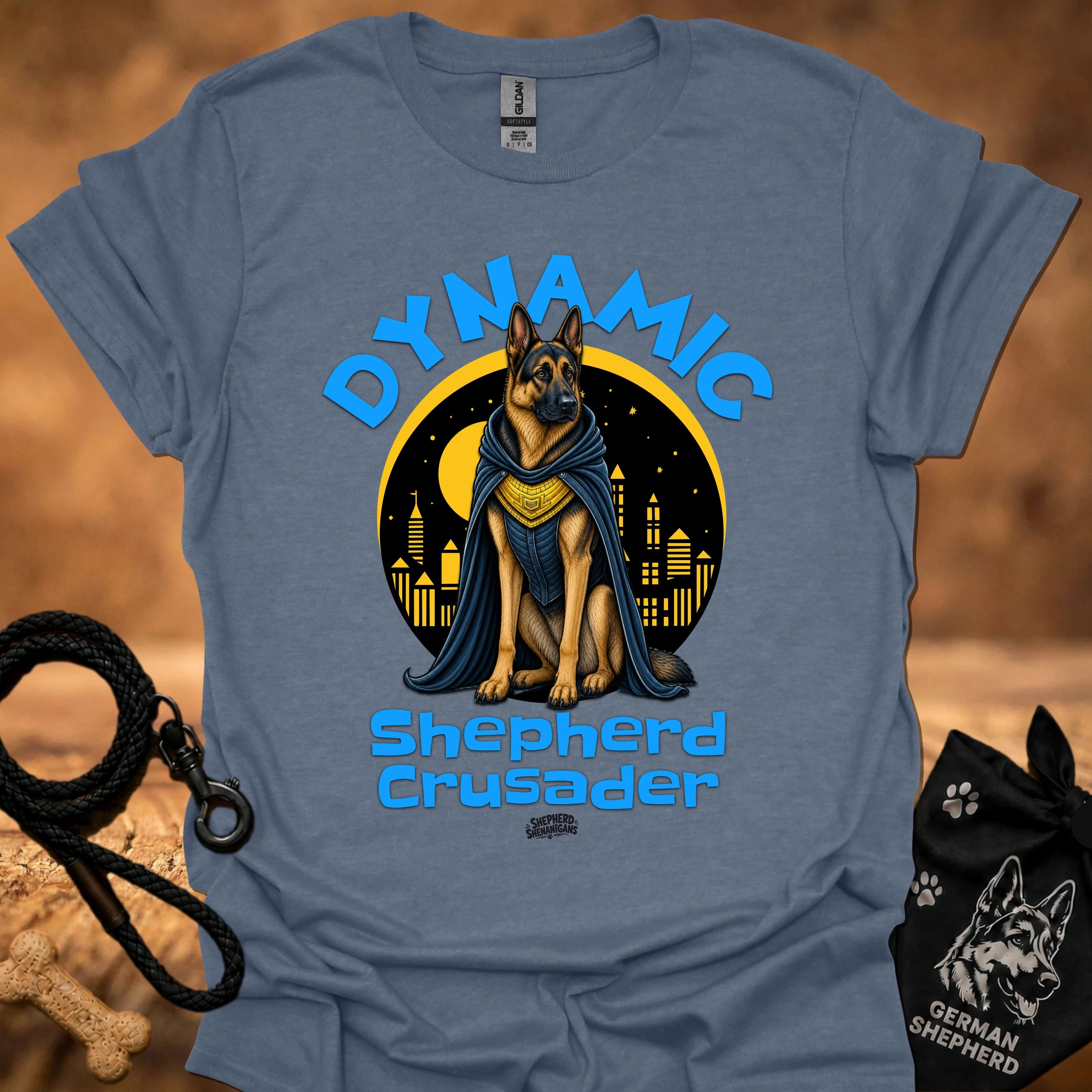 Blue-gray T-shirt with shepherd dog knight emblem and 'Shepherd Crusader' print