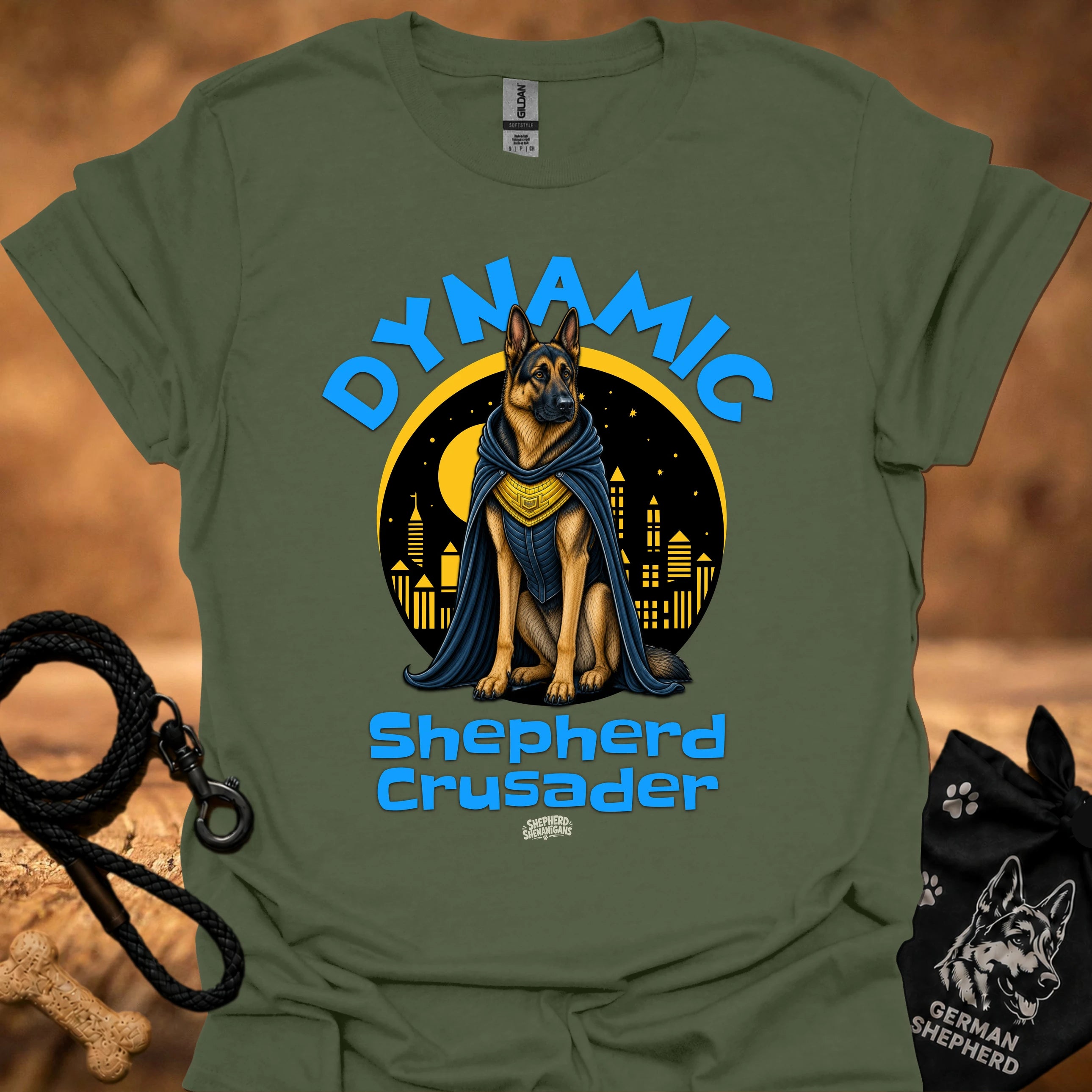 Olive green T-shirt with shepherd dog knight circular emblem and 'Shepherd Crusader' print
