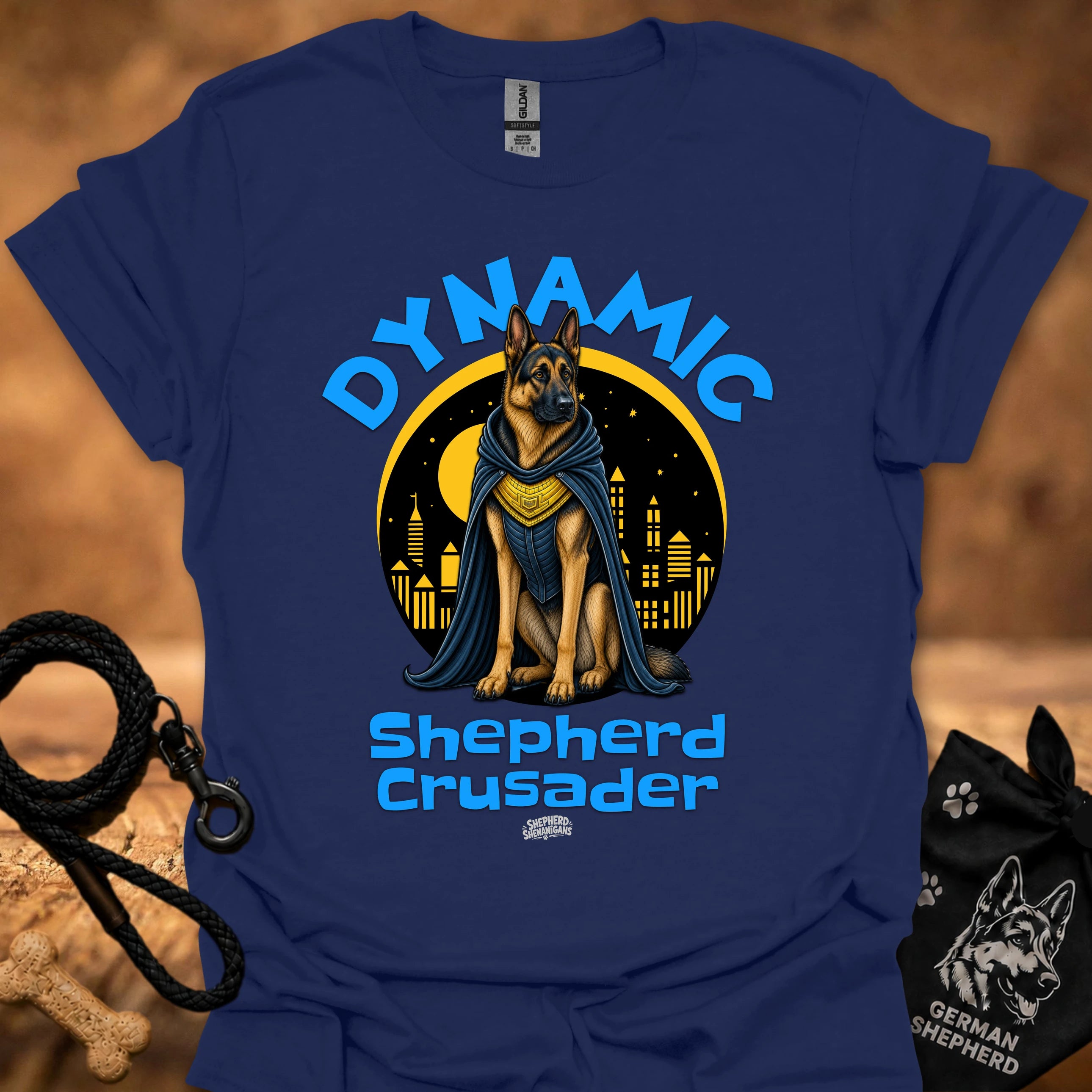 Navy blue T-shirt featuring shepherd dog knight emblem and 'Shepherd Crusader' print