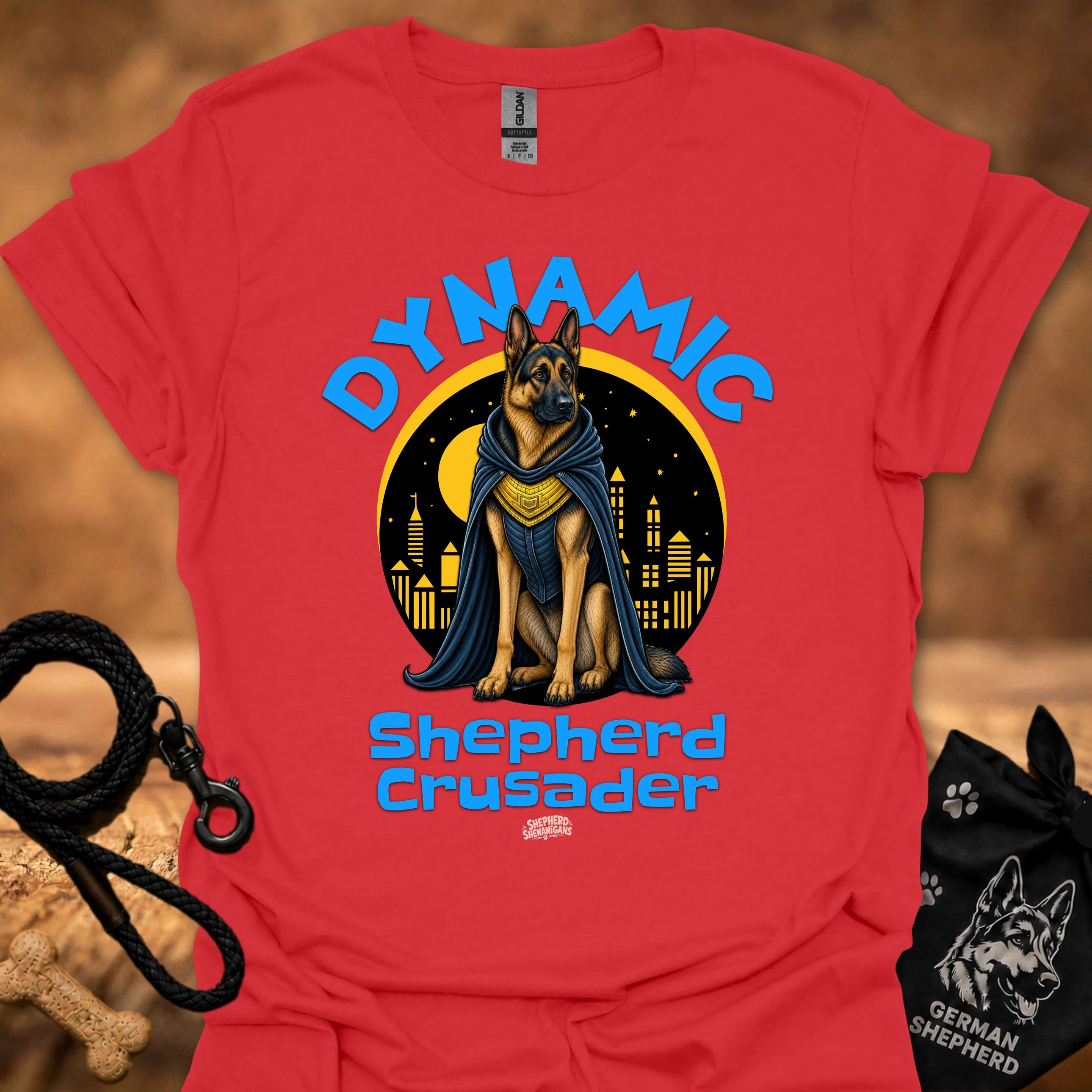 Red T-shirt with shepherd dog knight circular emblem and 'Shepherd Crusader' print
