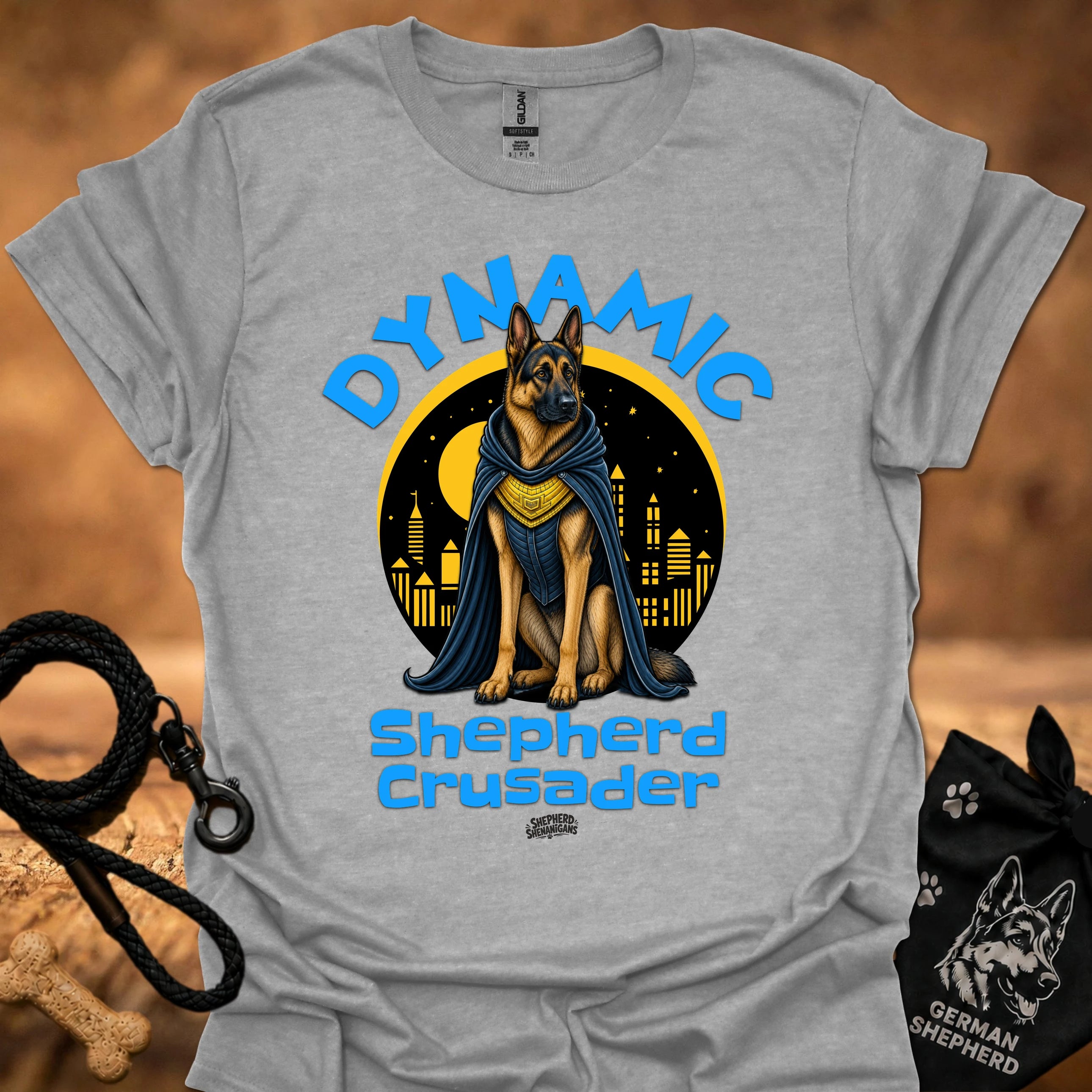 Light gray T-shirt with shepherd dog knight emblem and 'Shepherd Crusader' lettering