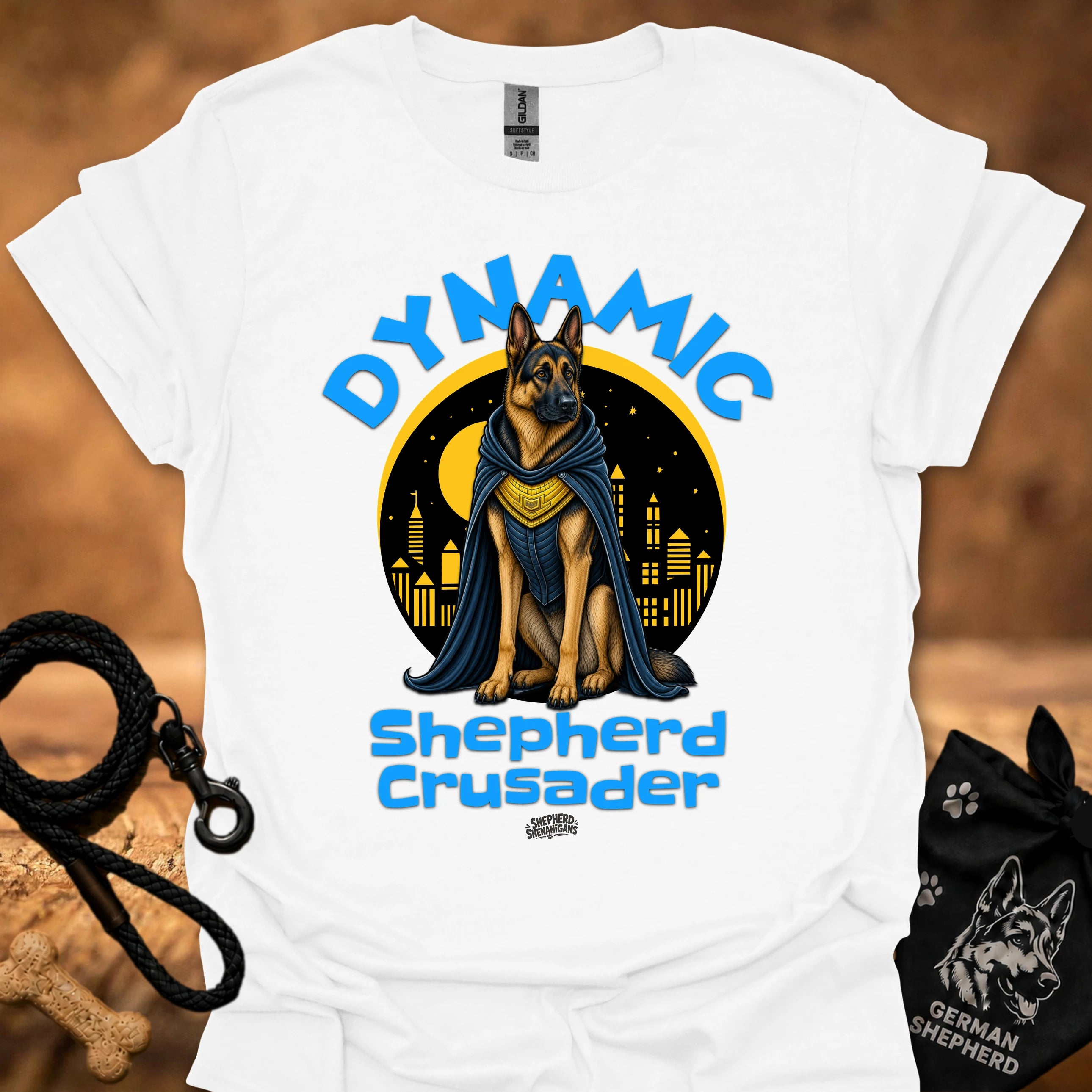 White T-shirt with shepherd dog knight circular graphic and 'Shepherd Crusader' print