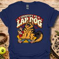 Navy T-shirt with a cartoon lapdog graphic and "I Identify as a Lapdog" text